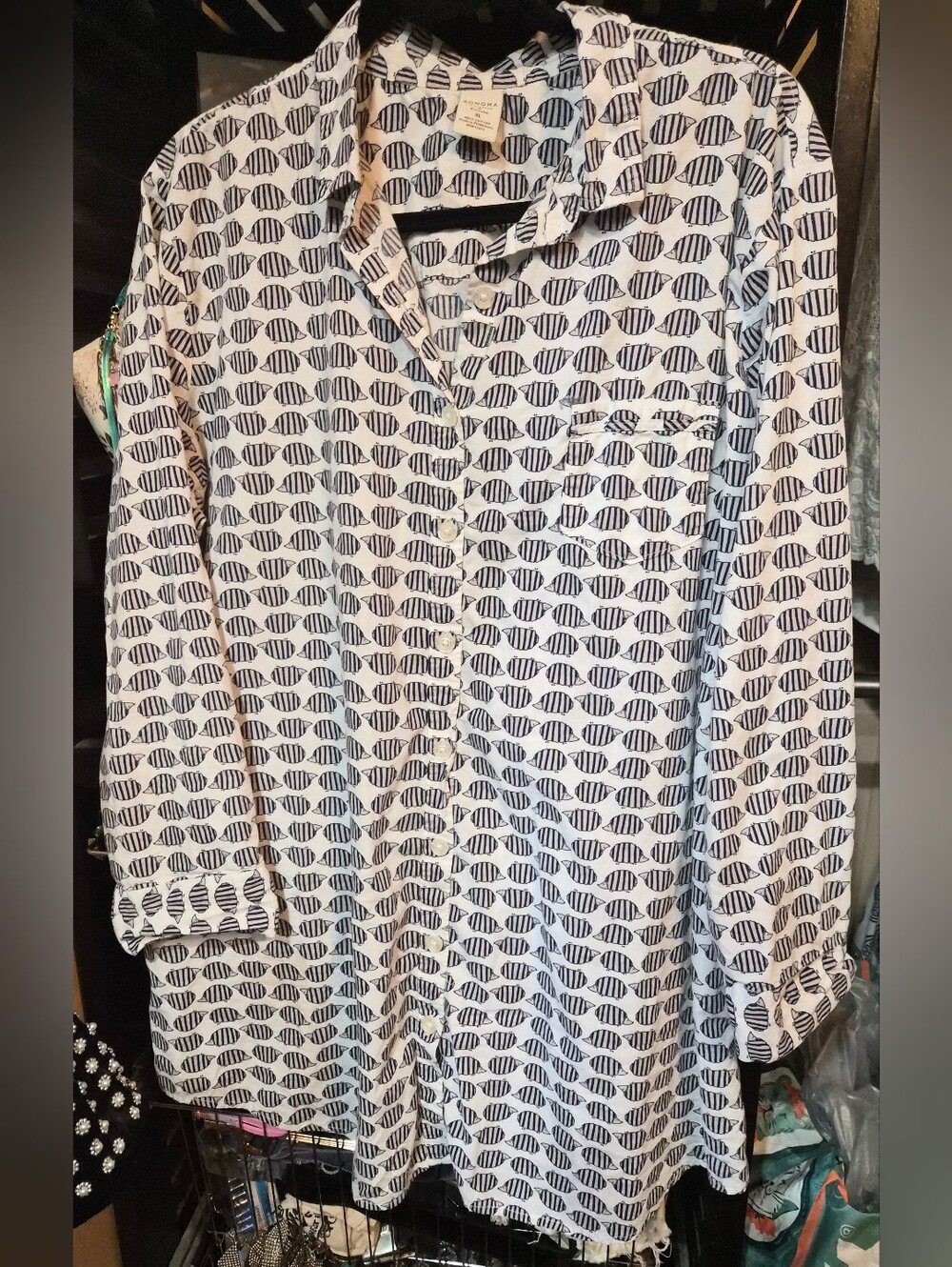 SONOMA Life + Style Sleep Dress 100% Cotton Long Sleeve Animal Blue White Sz